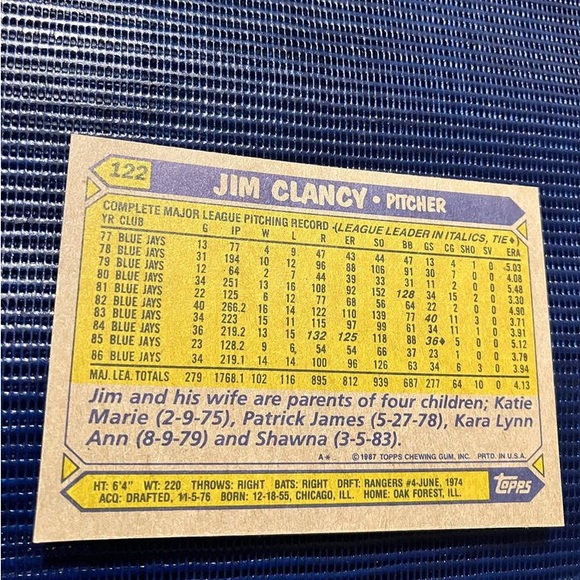 Baseball Card Jim Clancy (starting pitcher) - Picture 2 of 2
